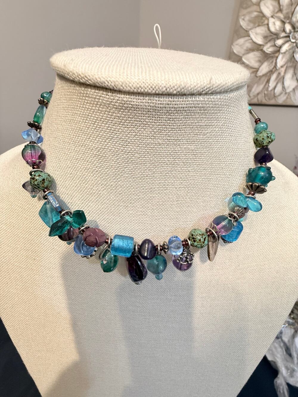 Vintage Art Glass Charm Bead Necklace 18”